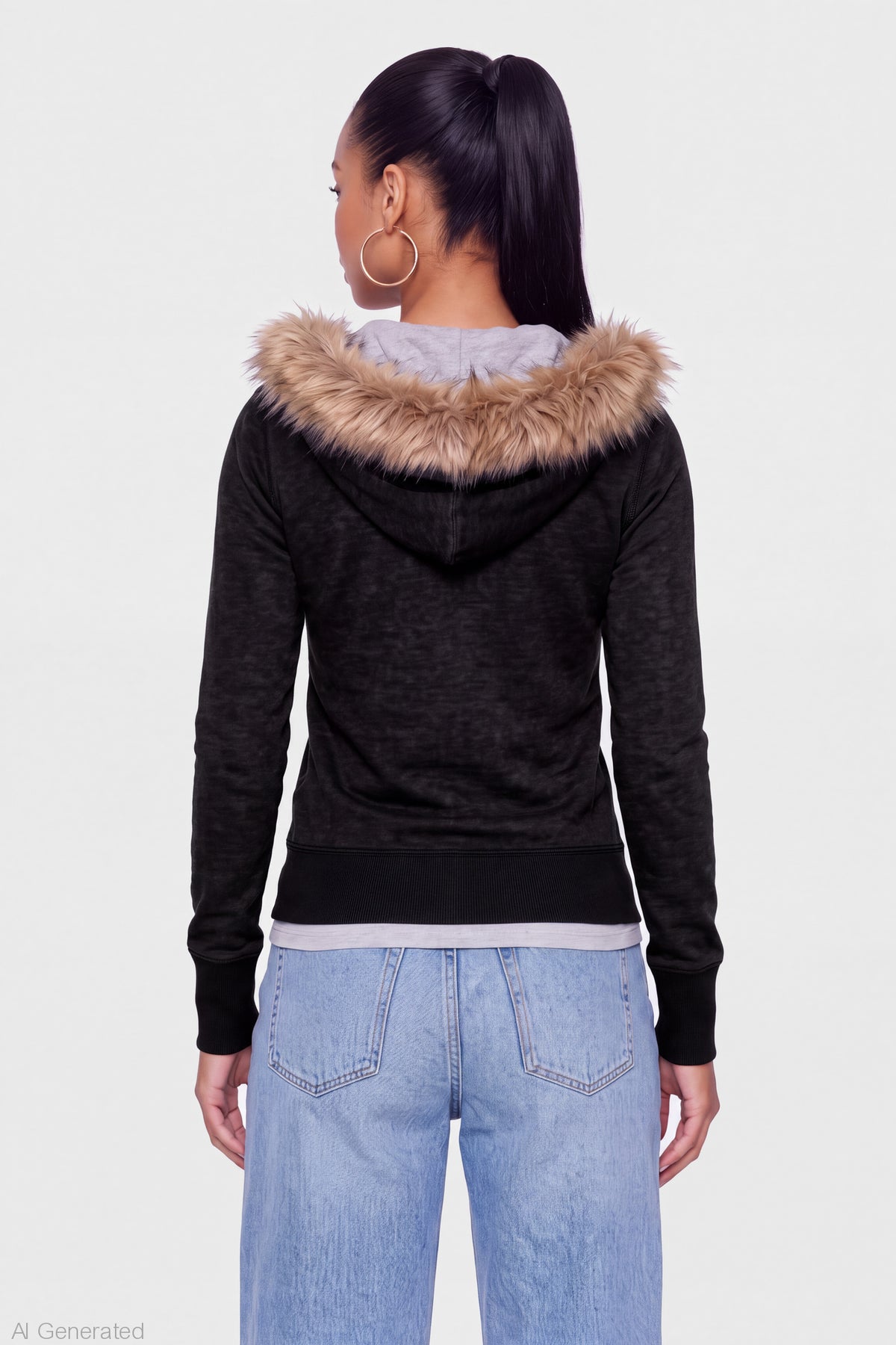 Alt View 2. Faux Fur Trim Graphic Zip Hoodie - Black