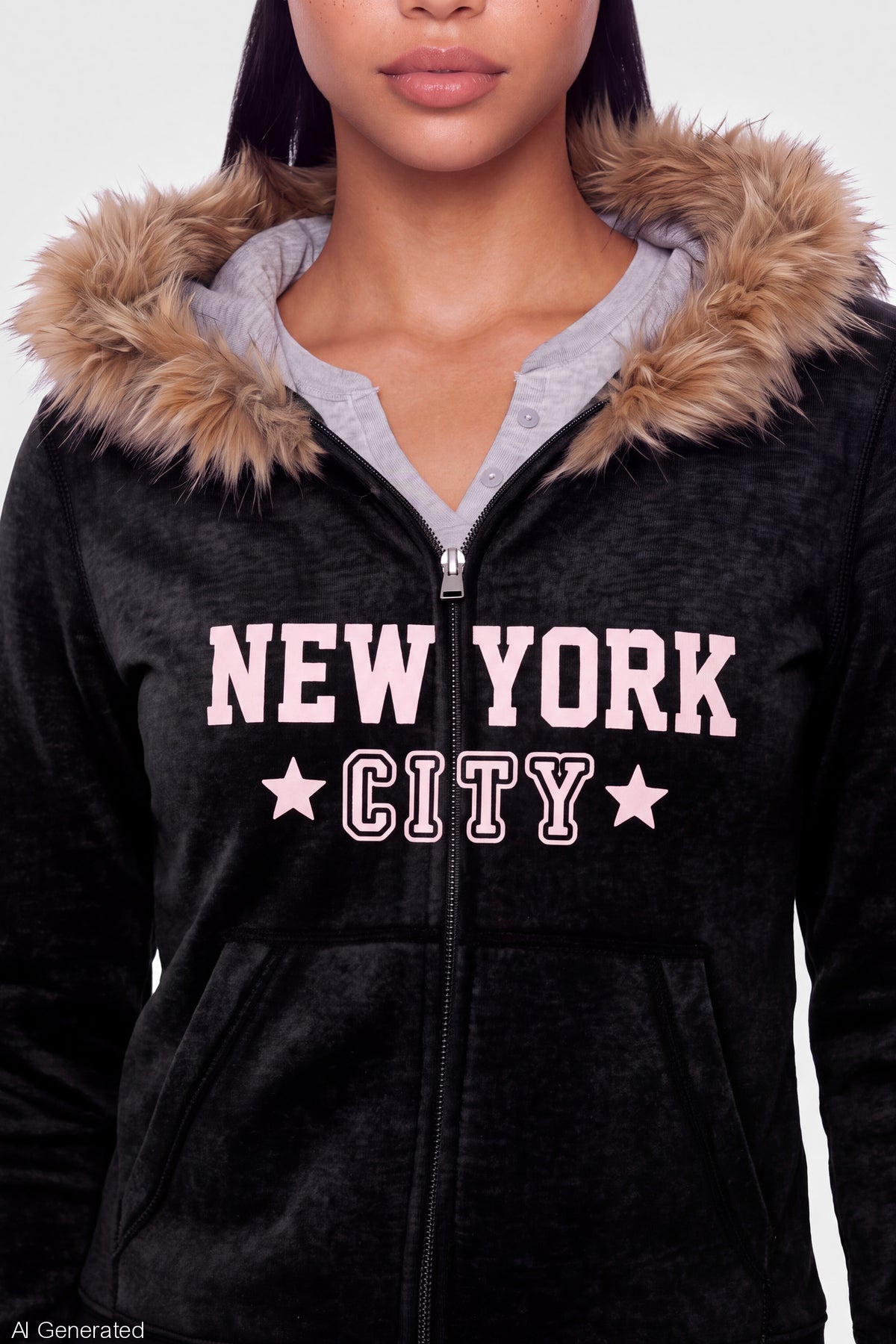 Alt View 4. Faux Fur Trim Graphic Zip Hoodie - Black