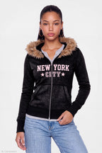 Faux Fur Trim Graphic Zip Hoodie
