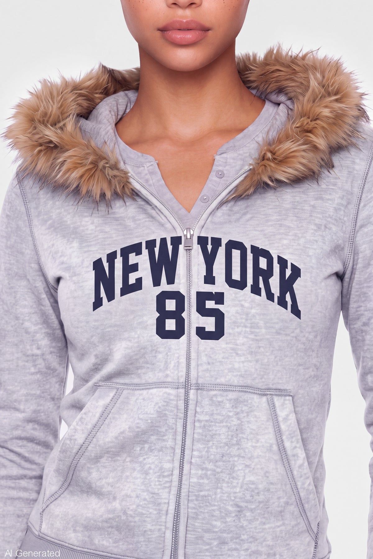 Alt View 4. Faux Fur Trim Graphic Zip Hoodie - Heather Grey