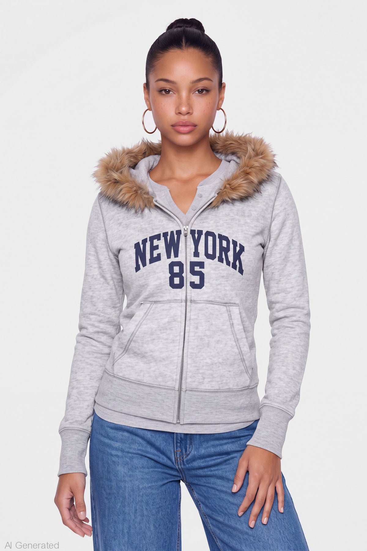 Faux Fur Trim Graphic Zip Hoodie - Heather Grey
