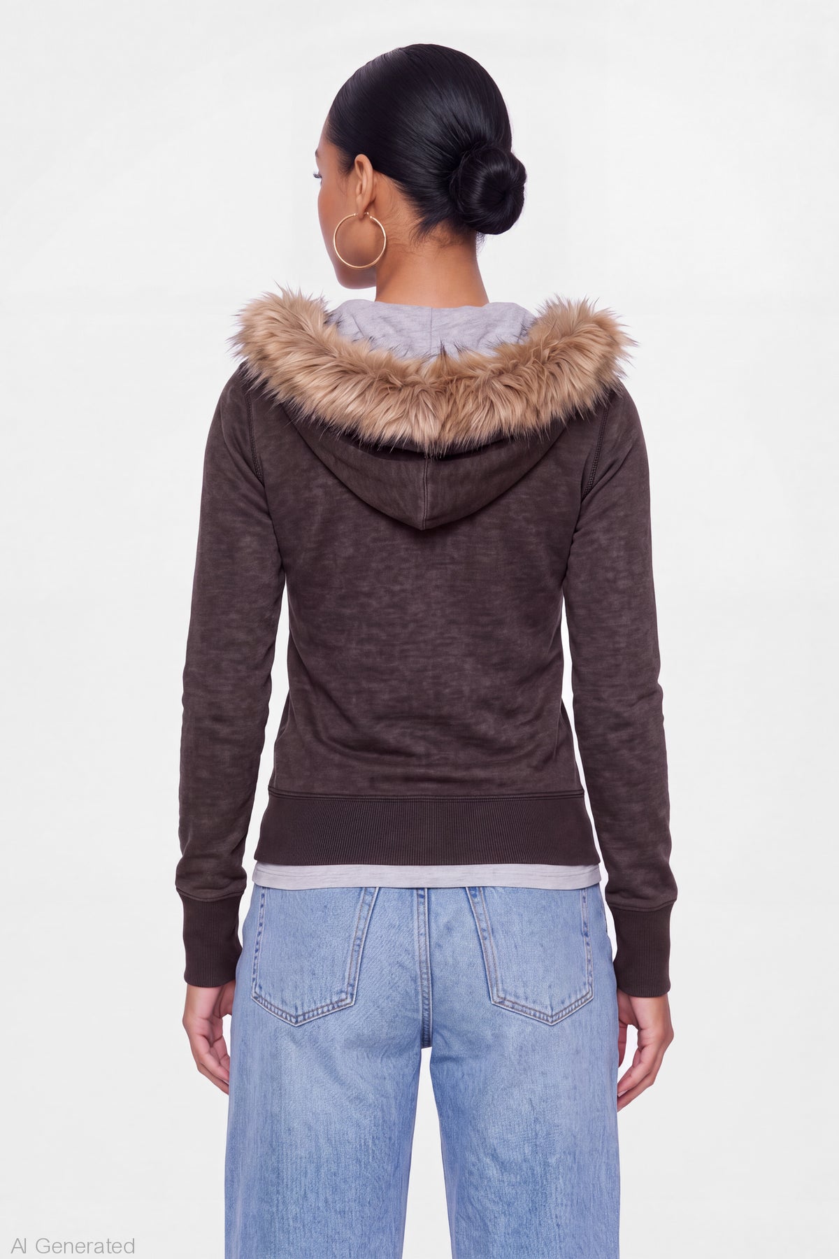 Alt View 2. Faux Fur Trim Graphic Zip Hoodie - Brown