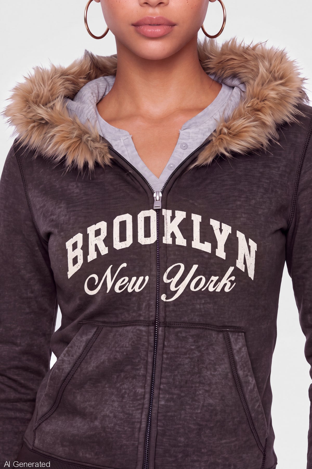 Alt View 4. Faux Fur Trim Graphic Zip Hoodie - Brown