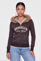 Faux Fur Trim Graphic Zip Hoodie