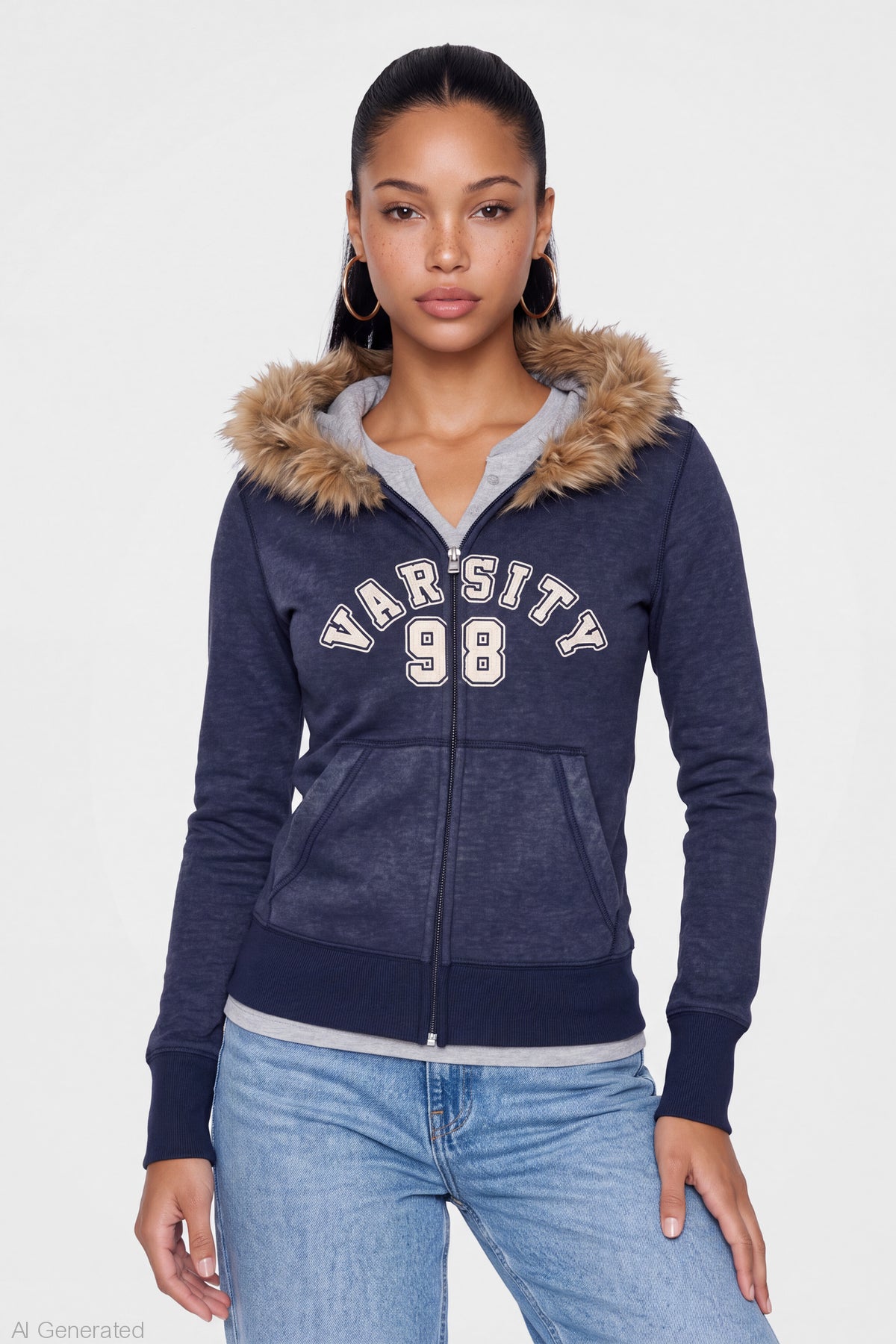 Faux Fur Trim Graphic Zip Hoodie - Navy