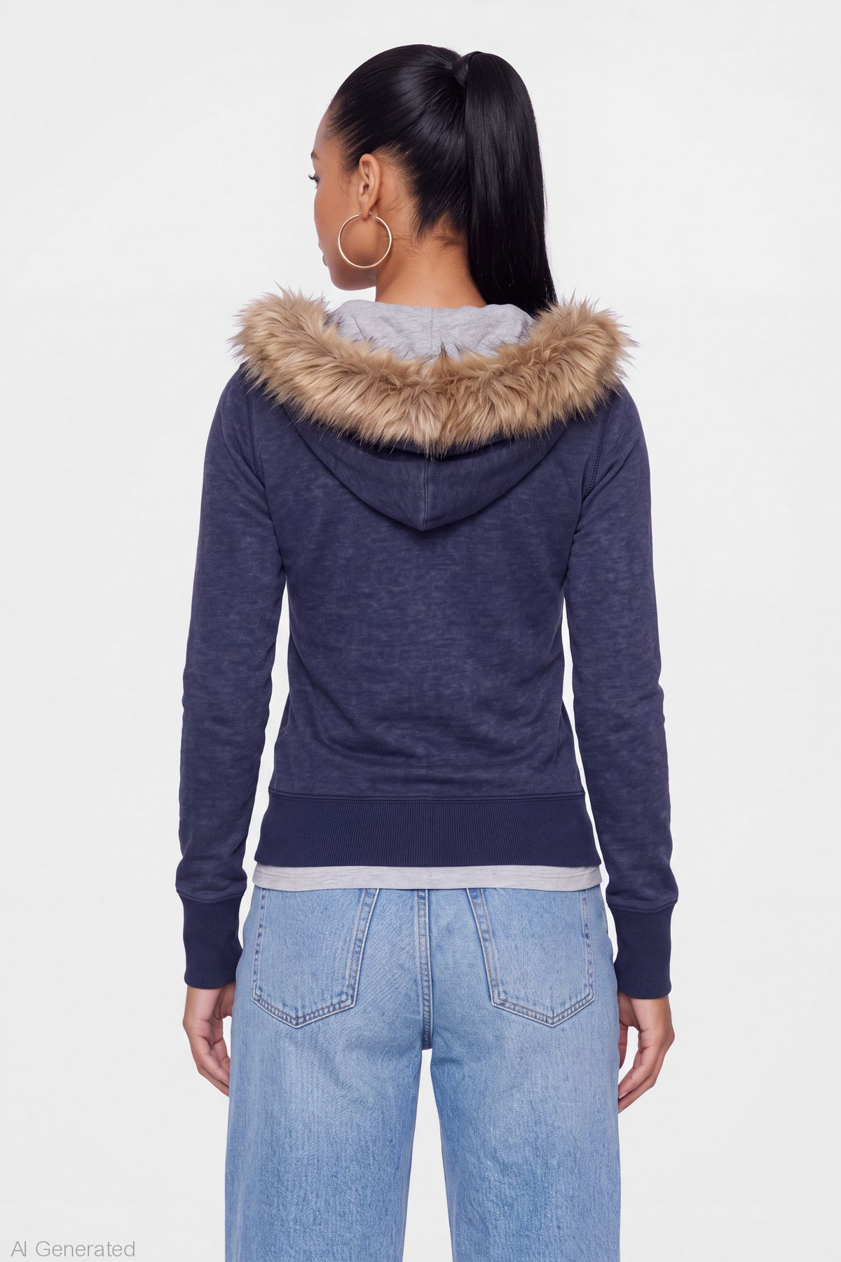 Alt View 2. Faux Fur Trim Graphic Zip Hoodie - Navy