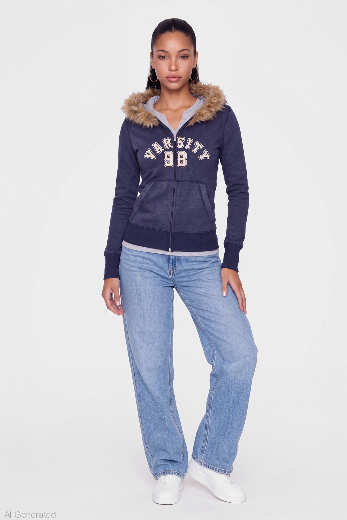 Alt View 3. Faux Fur Trim Graphic Zip Hoodie - Navy