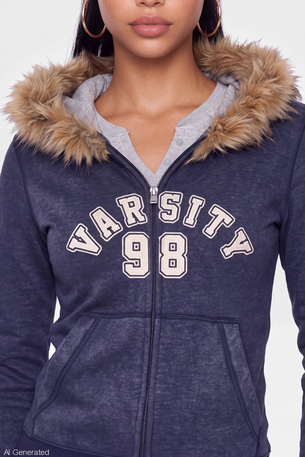 Alt View 4. Faux Fur Trim Graphic Zip Hoodie - Navy