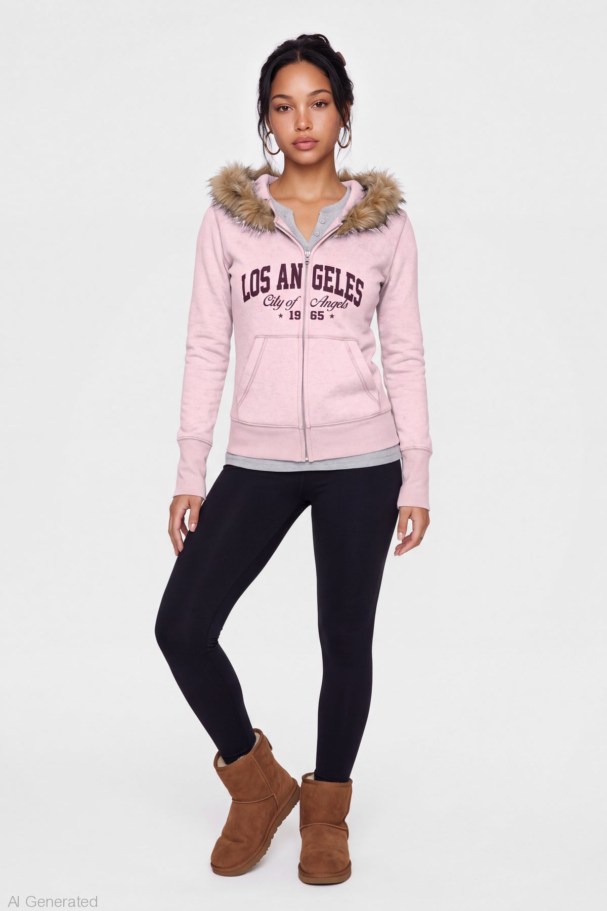 Alt View 3. Faux Fur Trim Graphic Zip Hoodie - Light Pink
