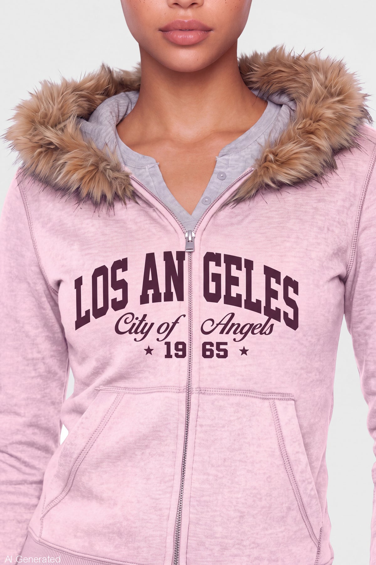 Alt View 4. Faux Fur Trim Graphic Zip Hoodie - Light Pink