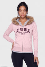 Faux Fur Trim Graphic Zip Hoodie