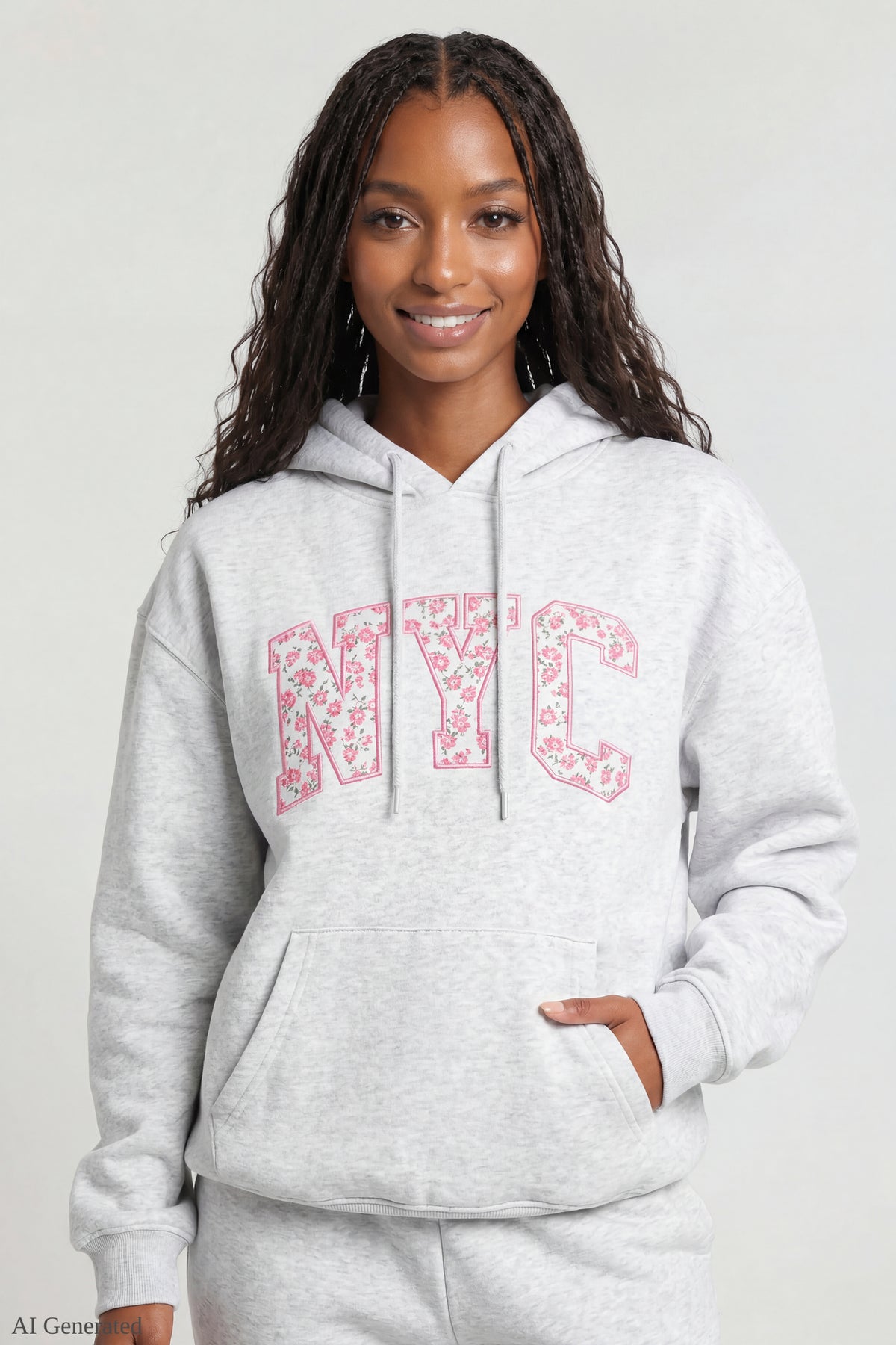 Fleece Oversized Graphic Hoodie - Light Grey