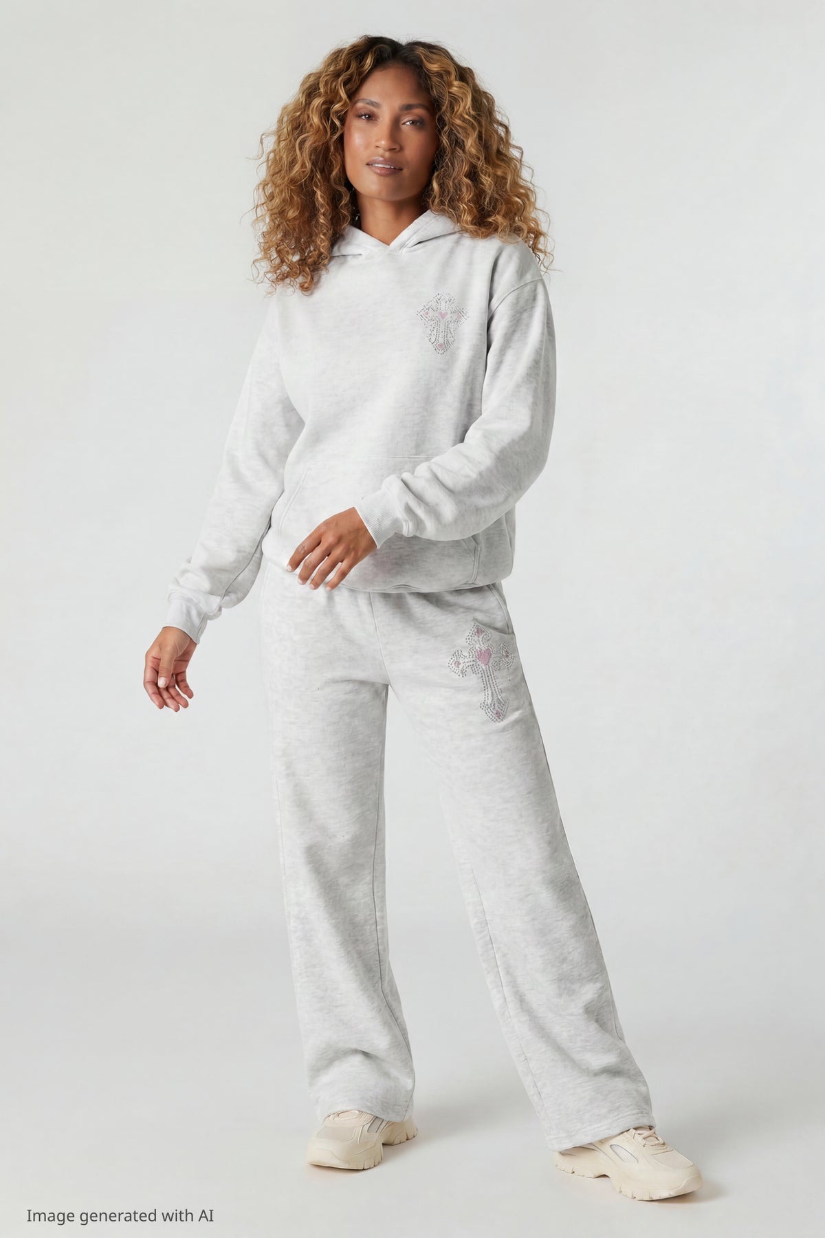 Alt View 3. Fleece Rhinestone Hoodie - Heather Grey