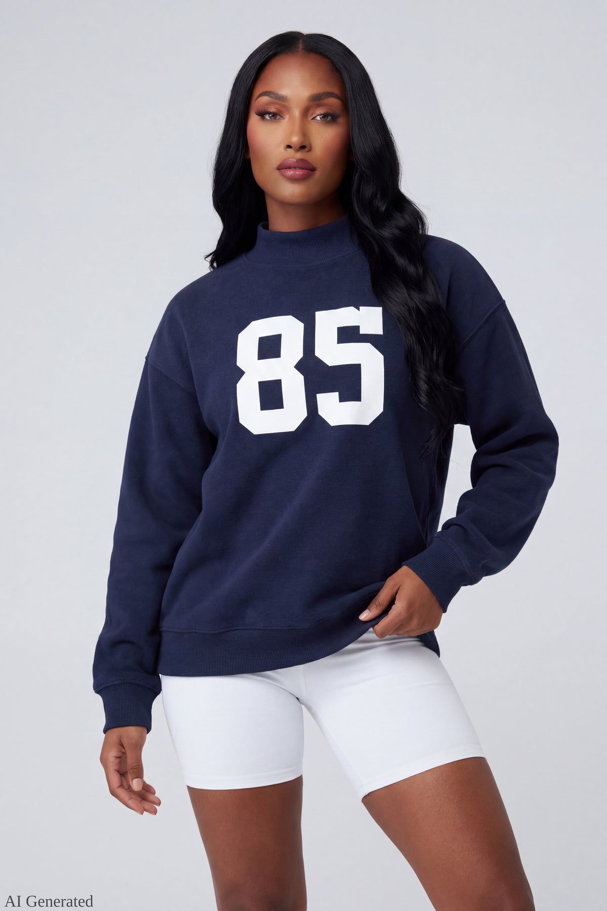 Fleece Graphic Mock Neck Sweatshirt - Navy