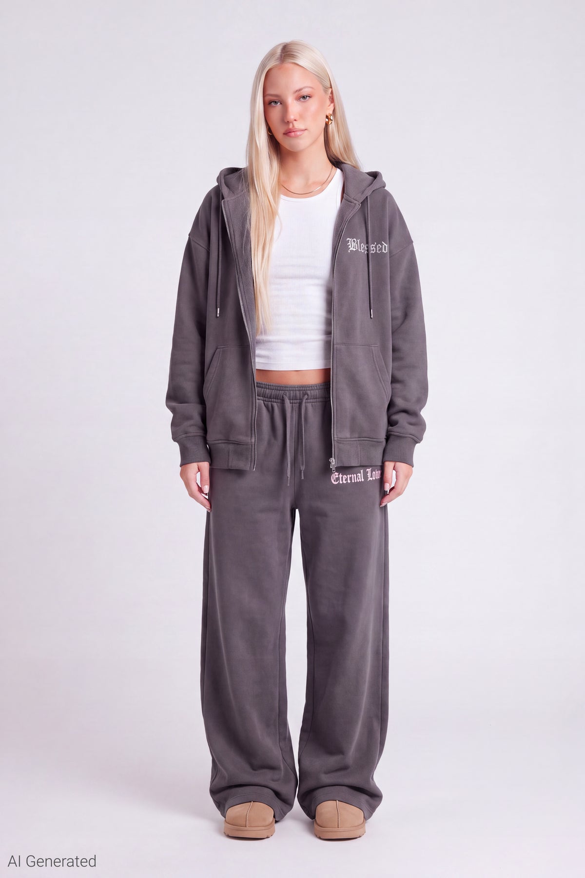 Alt View 2. Fleece Graphic Zip Hoodie - Charcoal