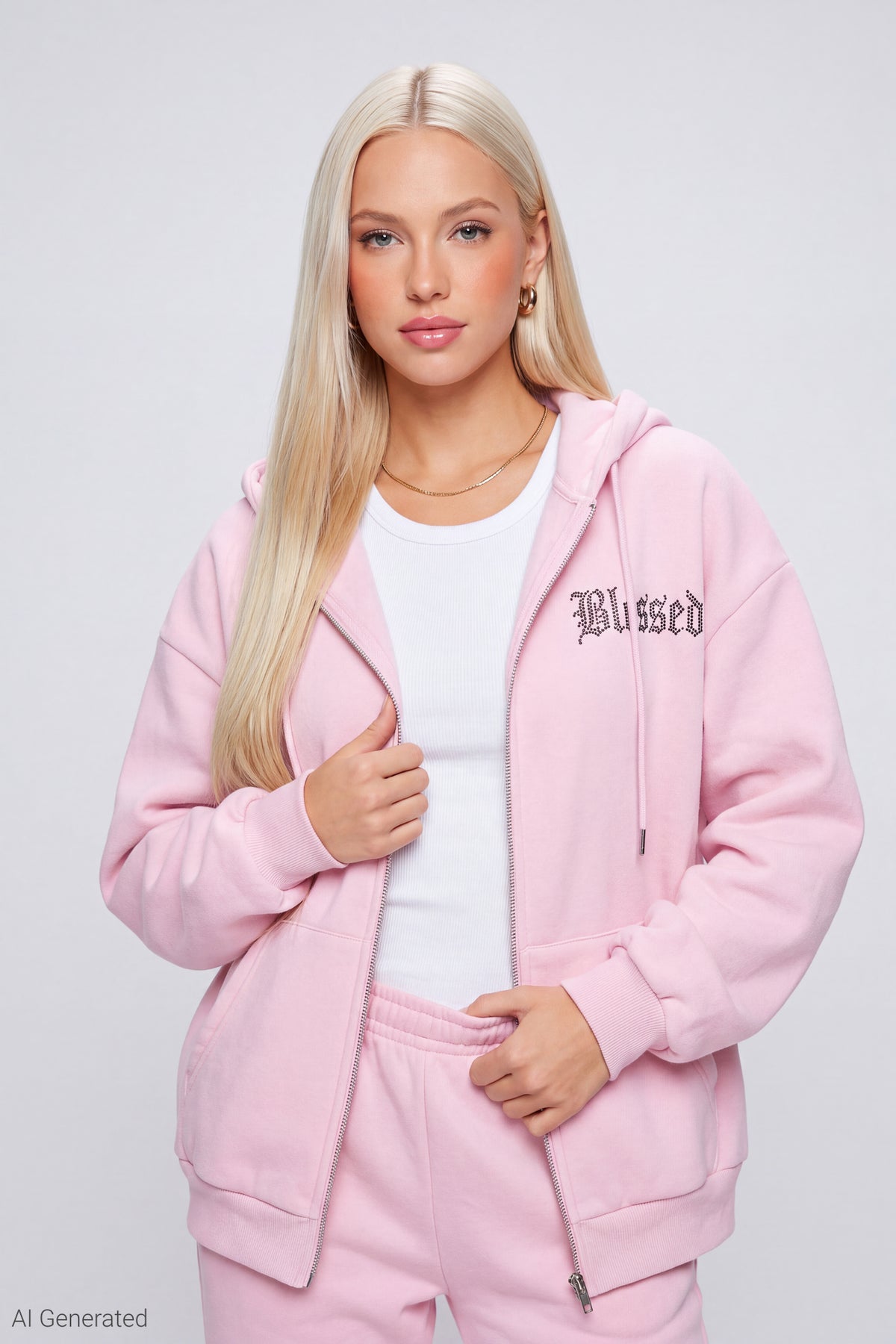 Fleece Graphic Zip Hoodie - Pink