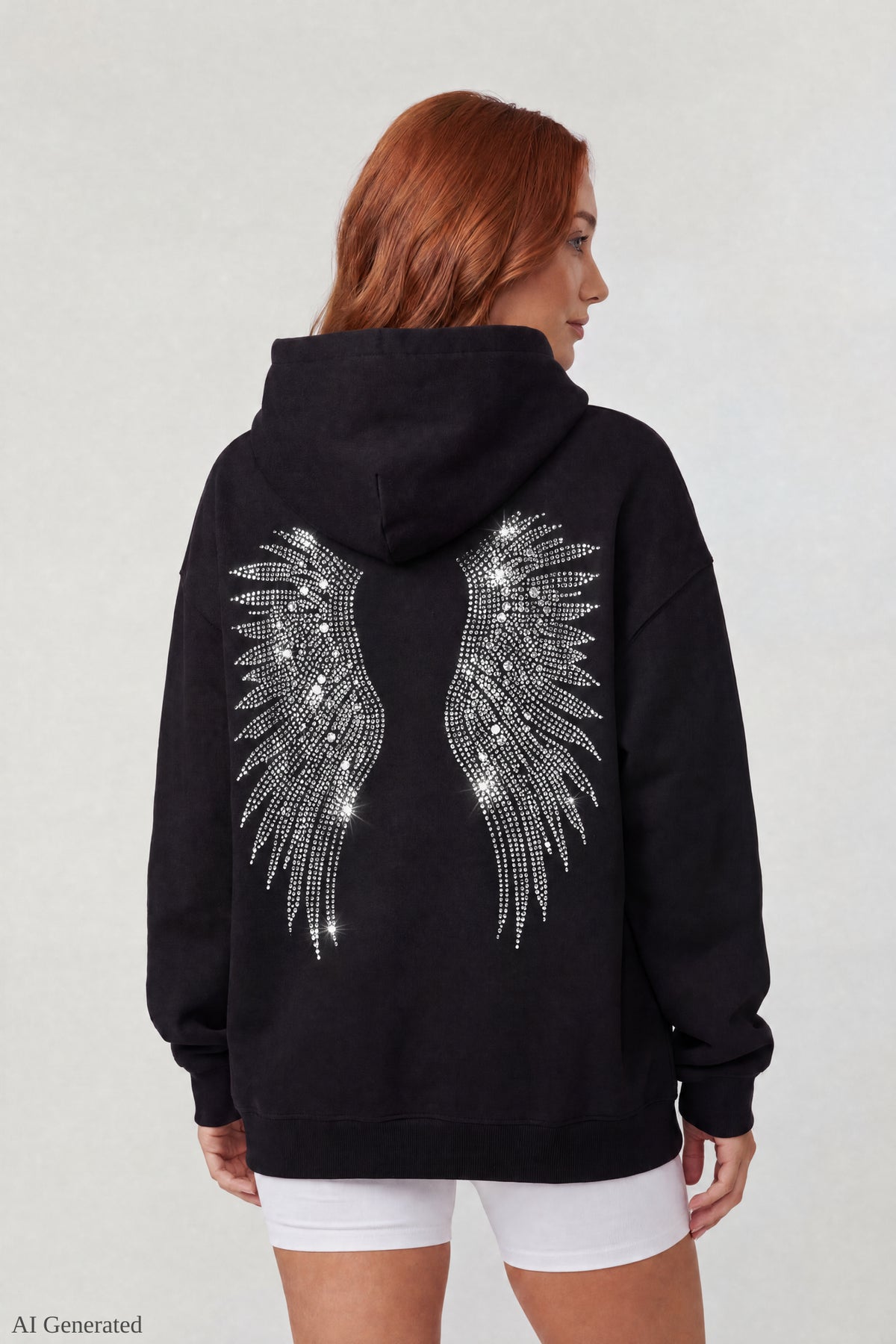 Oversized Fleece Angel Wing Hoodie - Black