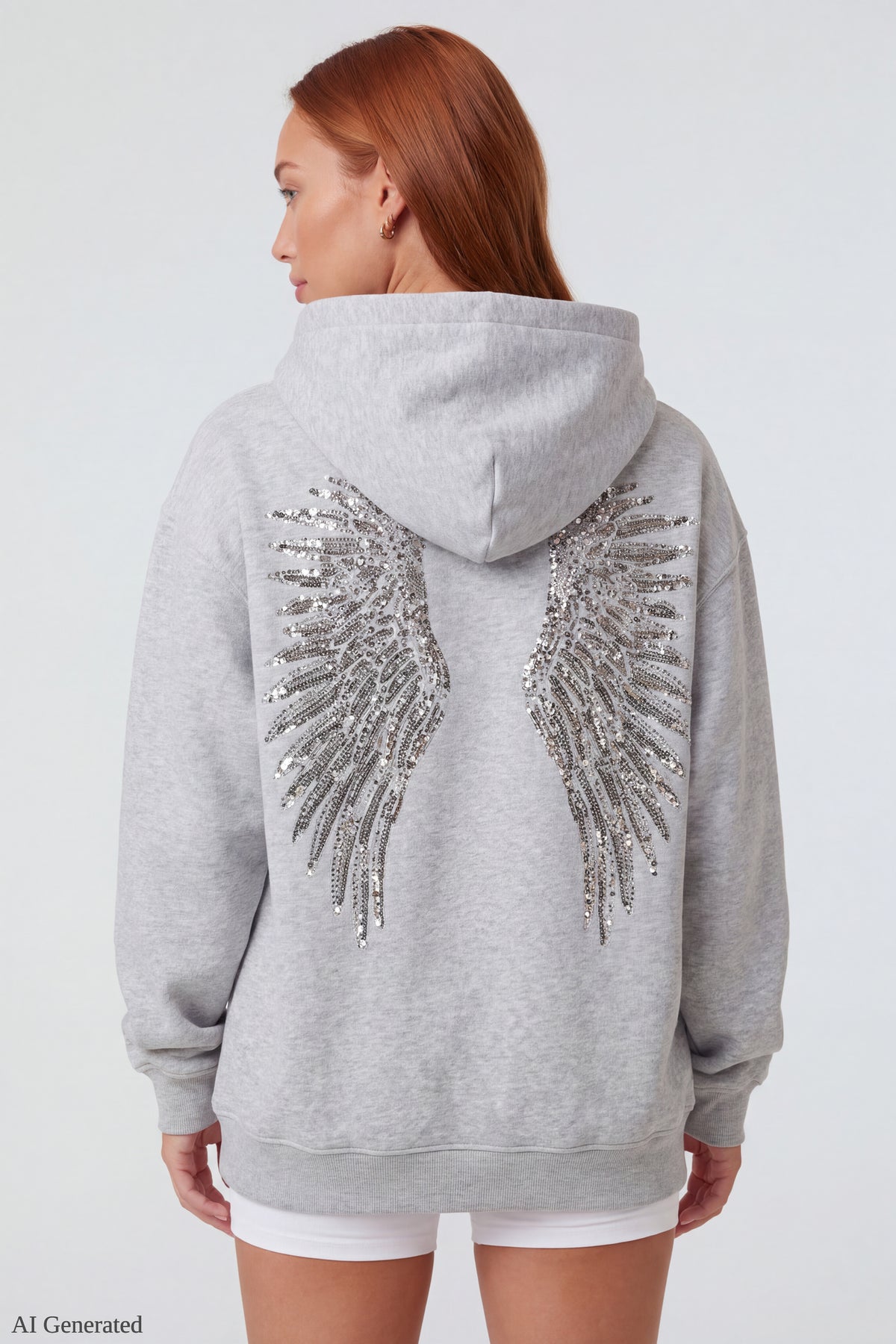 Oversized Fleece Angel Wing Hoodie - Light Grey
