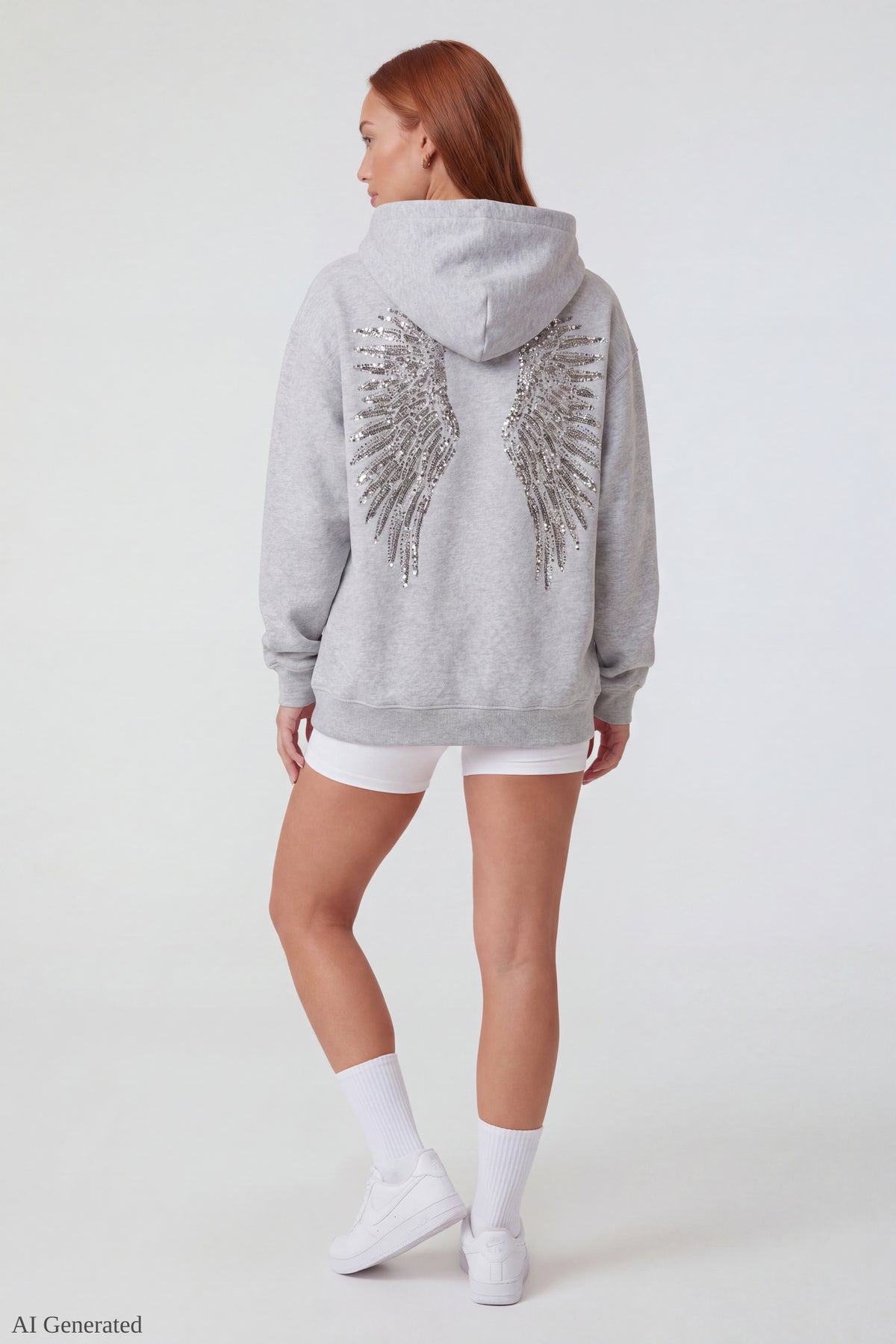 Alt View 3. Oversized Fleece Angel Wing Hoodie - Light Grey