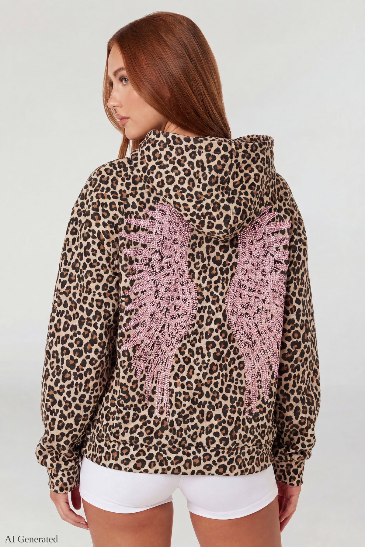 Oversized Fleece Angel Wing Hoodie - Leopard