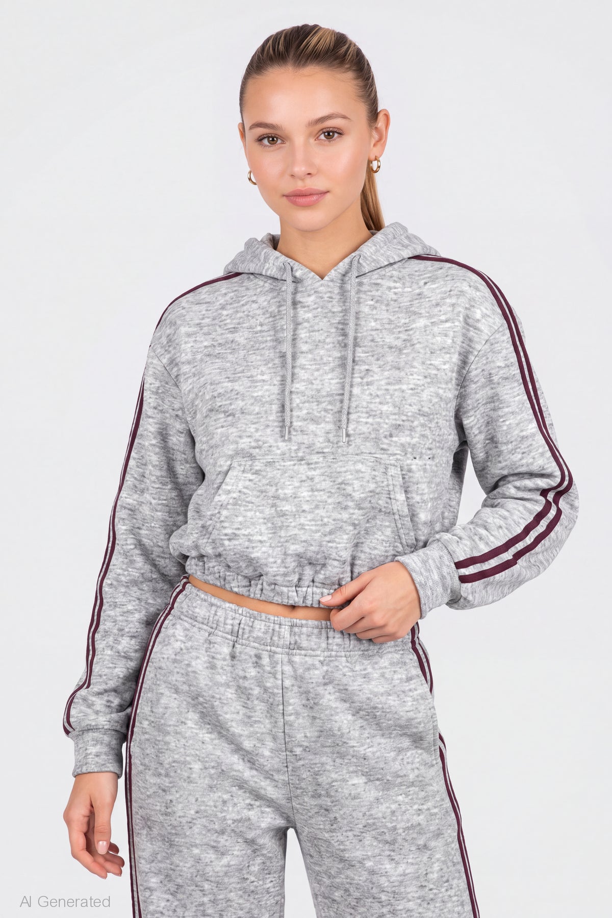 Striped Trim Bubble Hoodie - Heather Grey