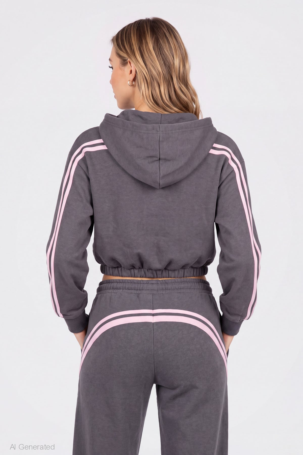 Alt View 2. Striped Trim Bubble Hoodie - Dark Grey