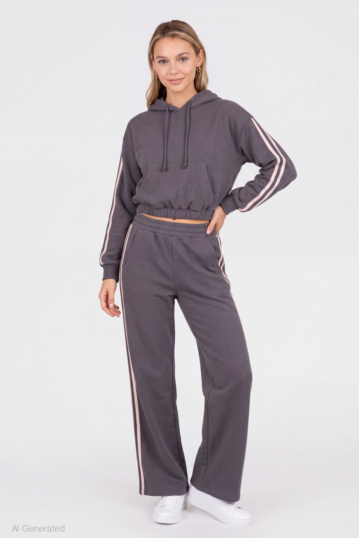 Alt View 3. Striped Trim Bubble Hoodie - Dark Grey