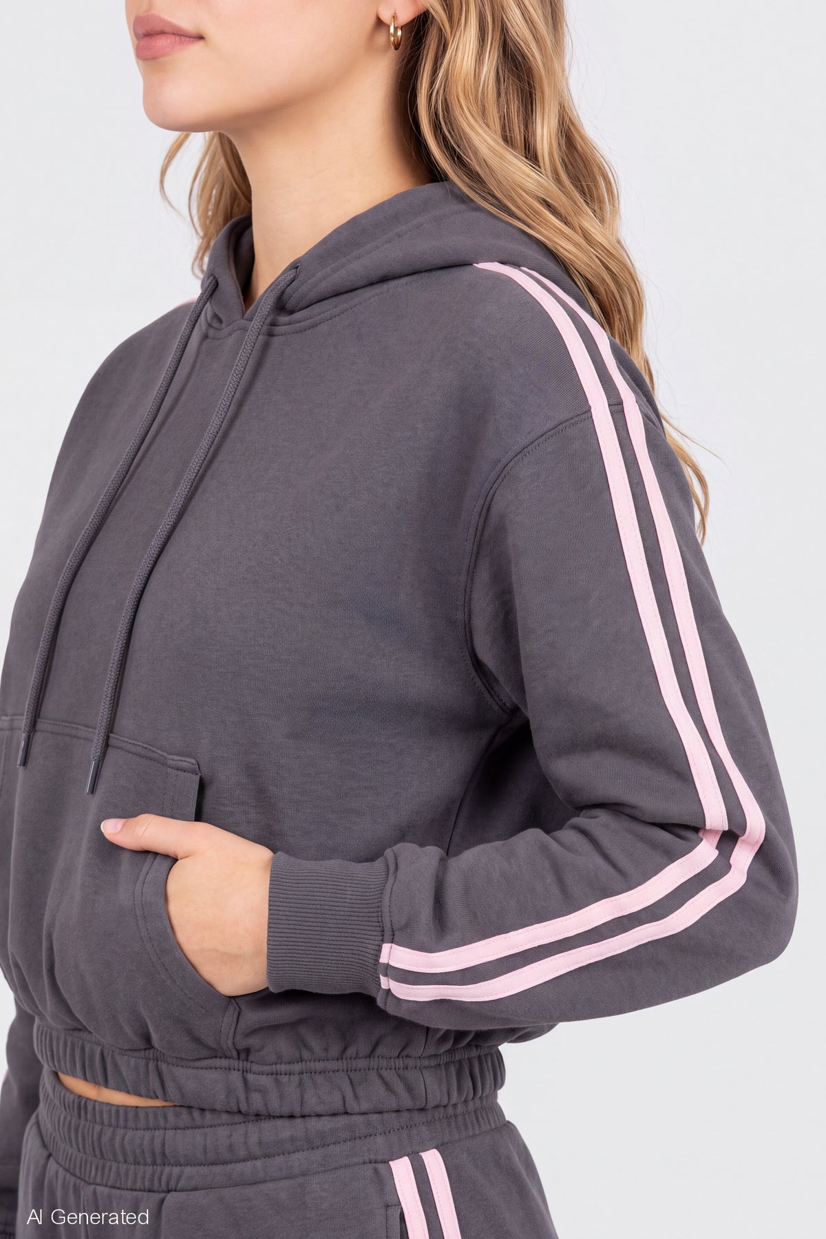 Alt View 4. Striped Trim Bubble Hoodie - Dark Grey