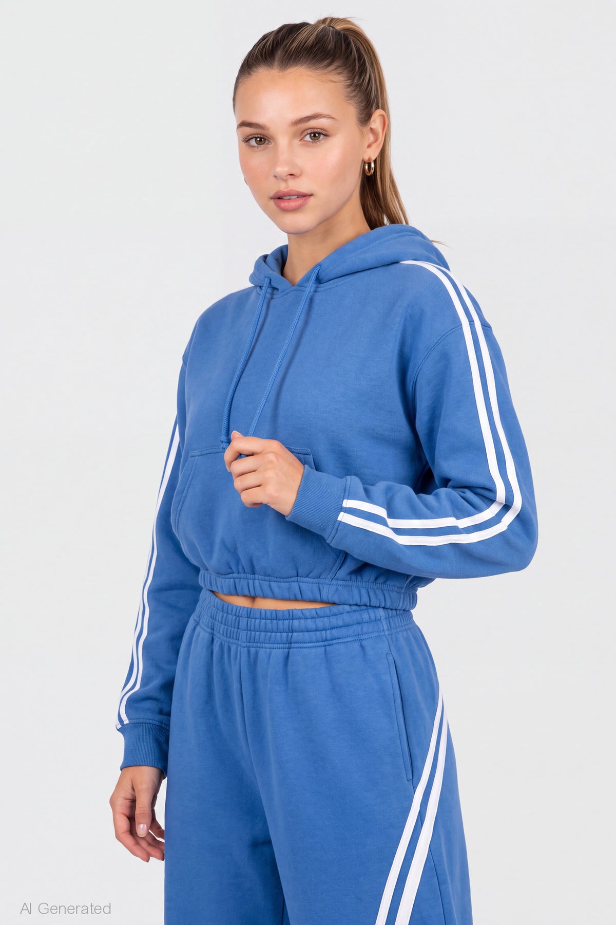 Striped Trim Bubble Hoodie - Blue