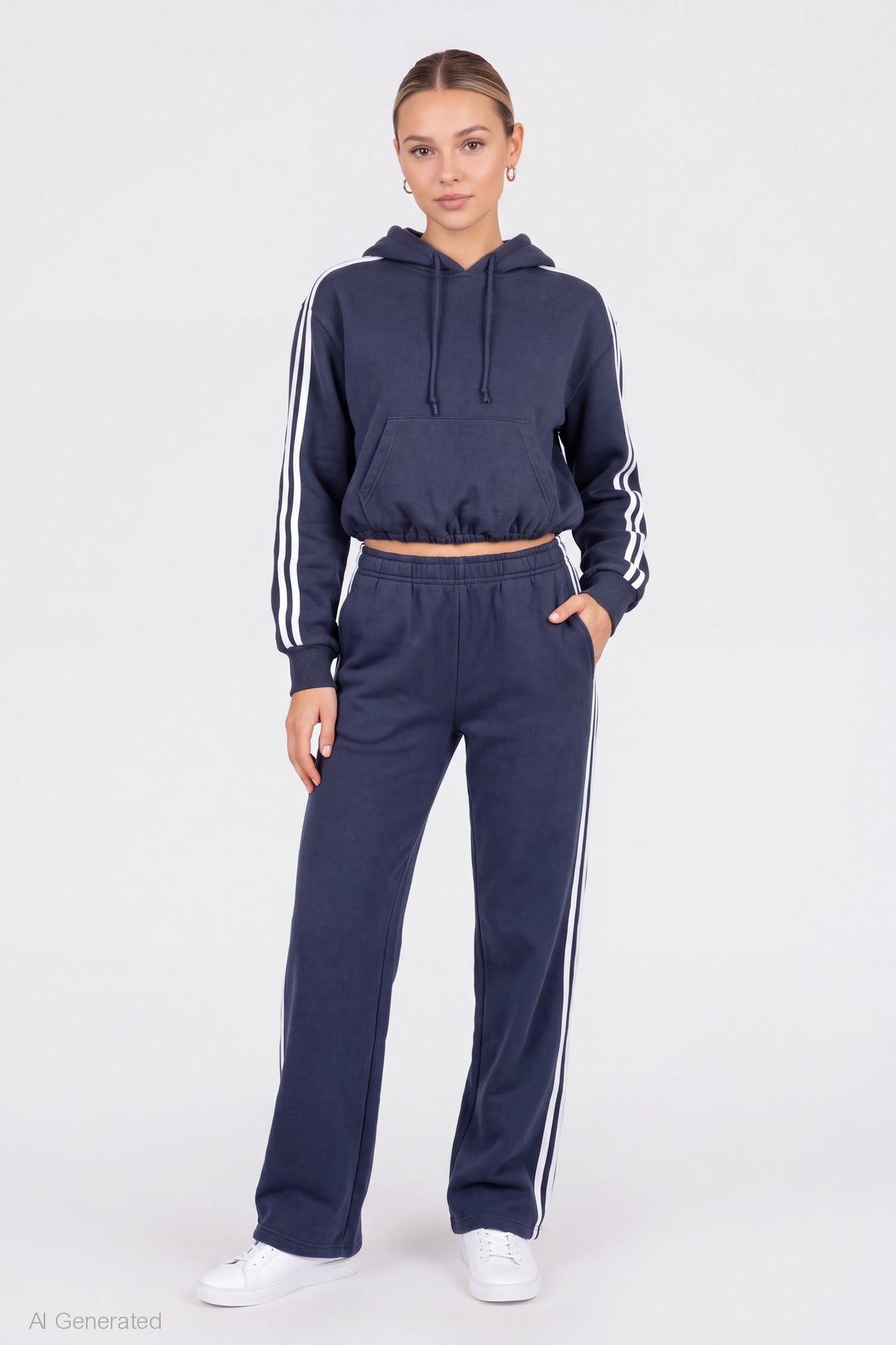 Alt View 3. Striped Trim Bubble Hoodie - Dark Blue