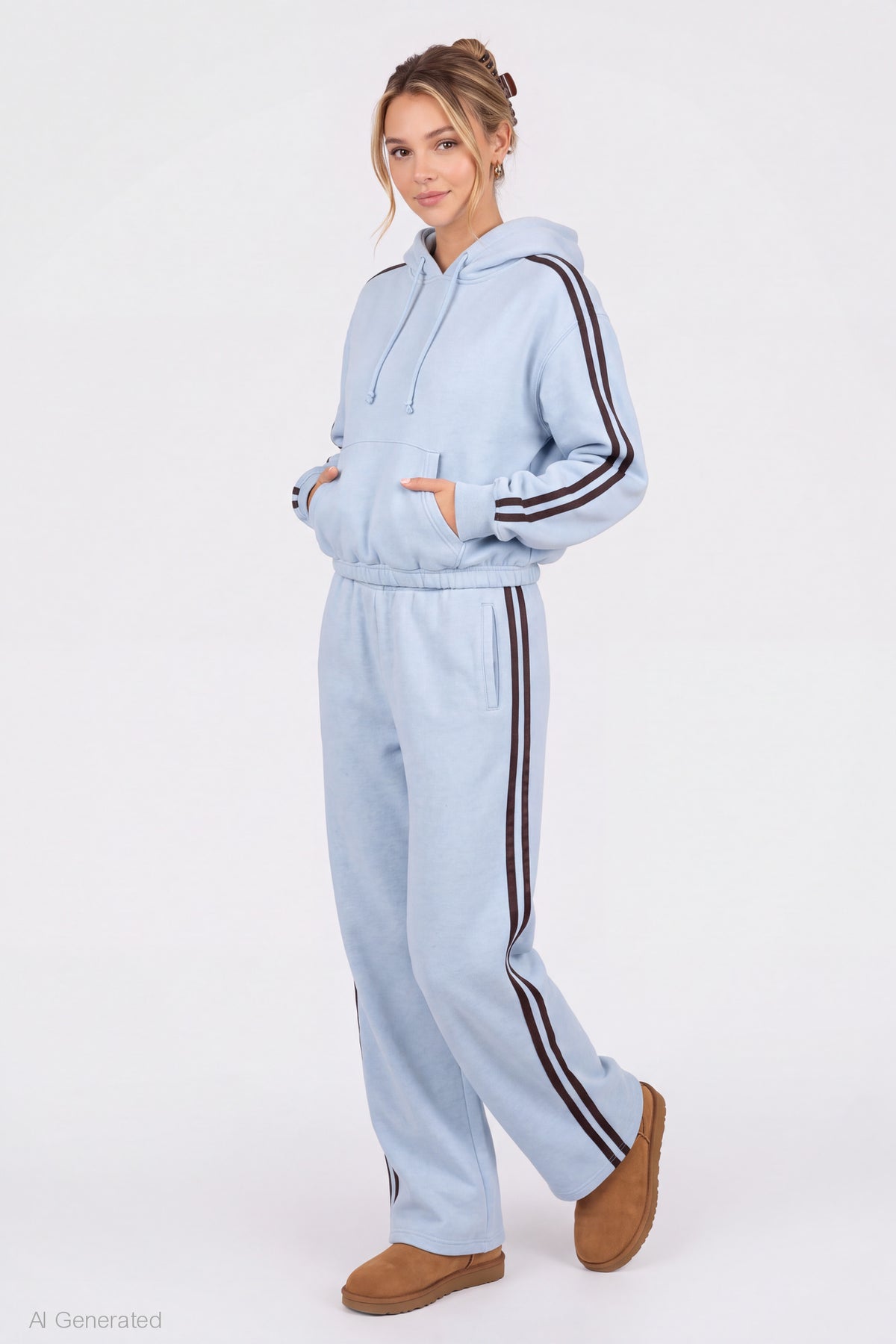 Alt View 3. Striped Trim Bubble Hoodie - Light Blue