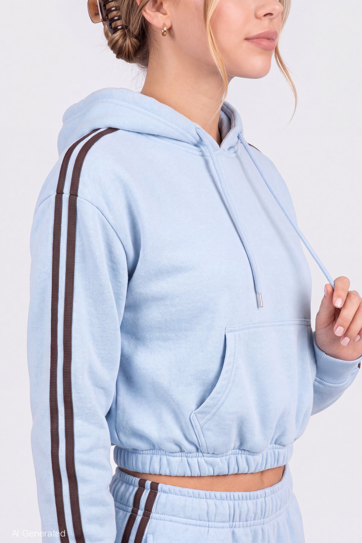 Alt View 4. Striped Trim Bubble Hoodie - Light Blue