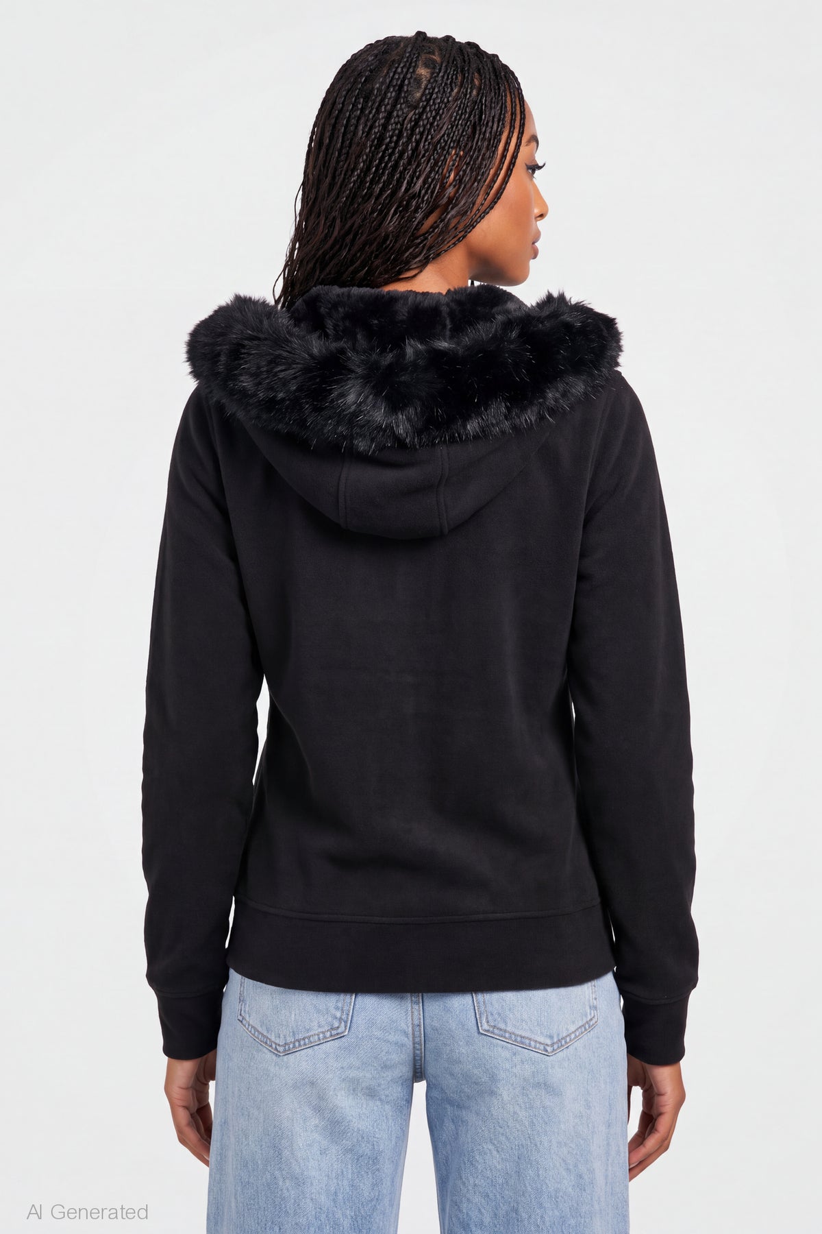 Alt View 2. Oversized Faux Fur Trim Zip Hoodie - Black