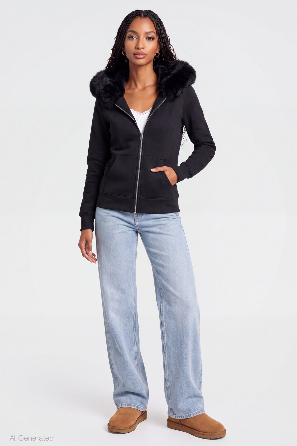Alt View 3. Oversized Faux Fur Trim Zip Hoodie - Black