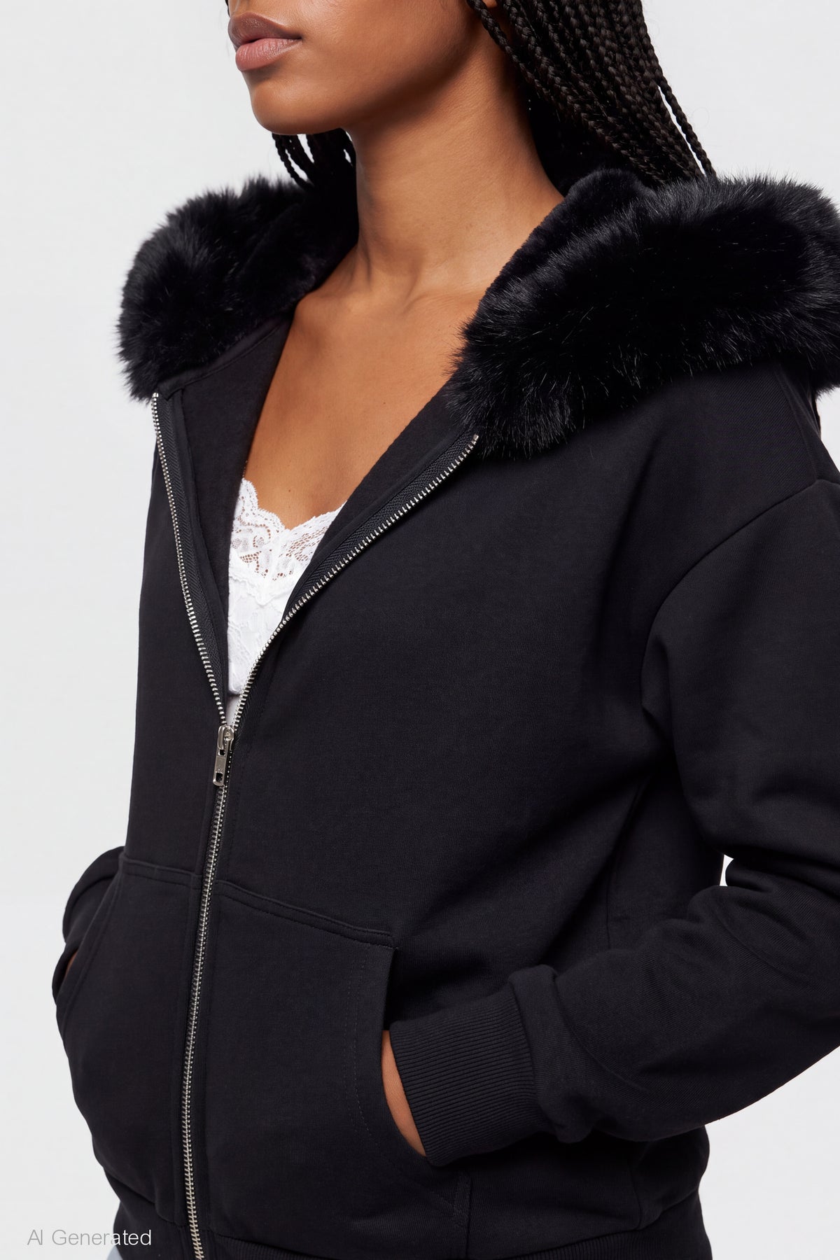 Alt View 4. Oversized Faux Fur Trim Zip Hoodie - Black