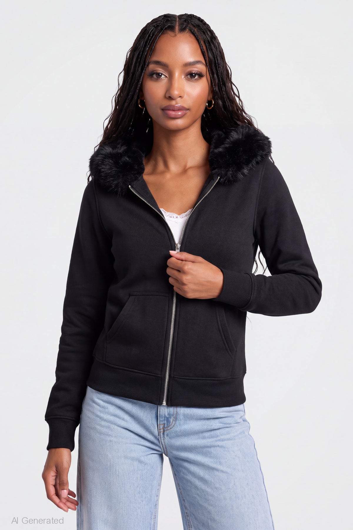 Oversized Faux Fur Trim Zip Hoodie - Black