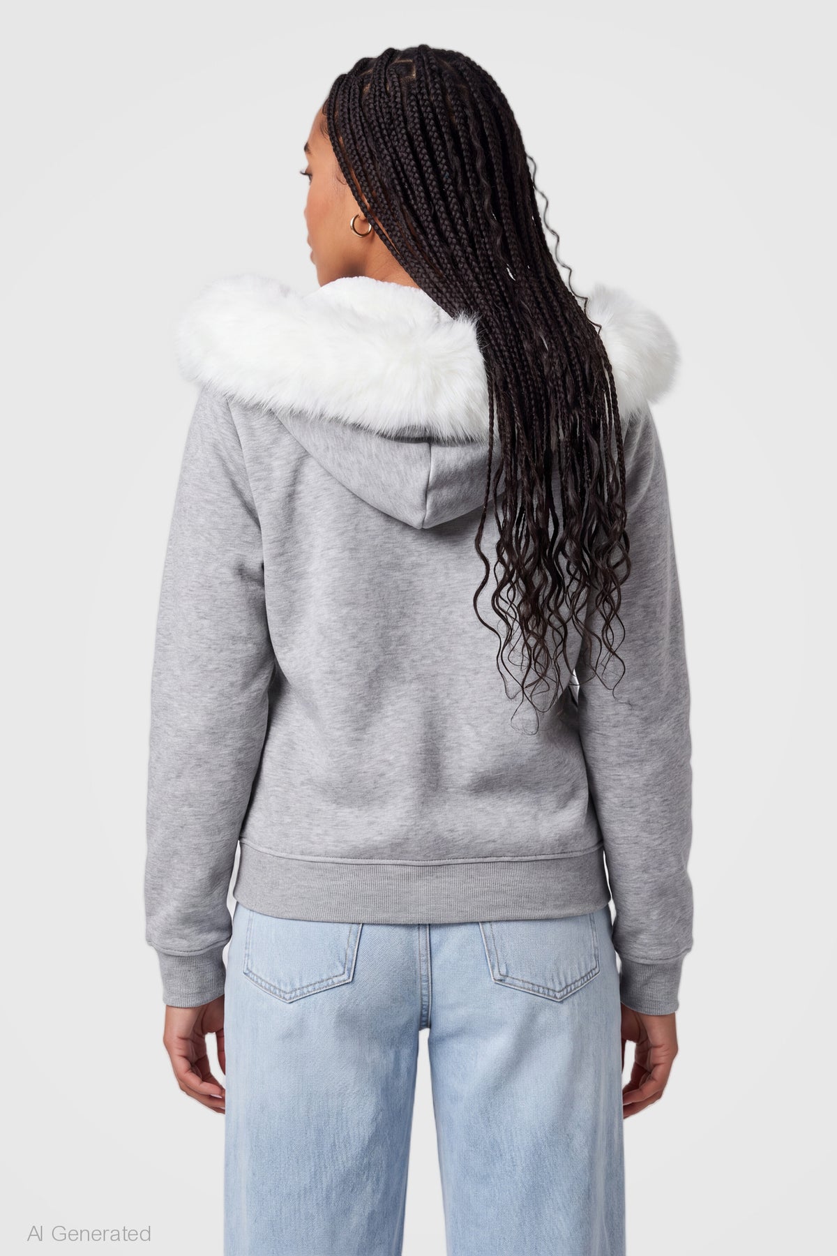 Alt View 2. Oversized Faux Fur Trim Zip Hoodie - Heather Grey