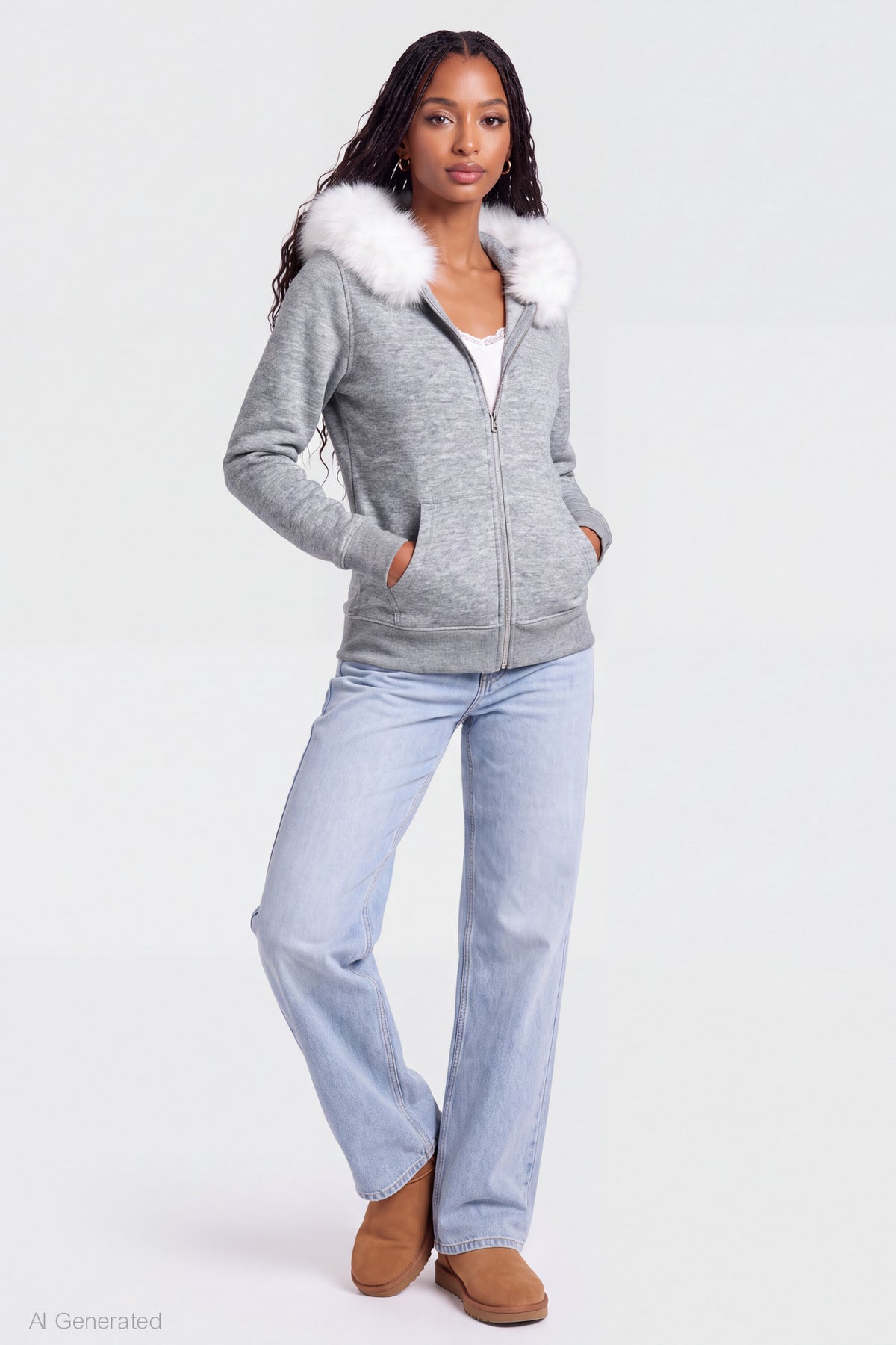 Alt View 3. Oversized Faux Fur Trim Zip Hoodie - Heather Grey