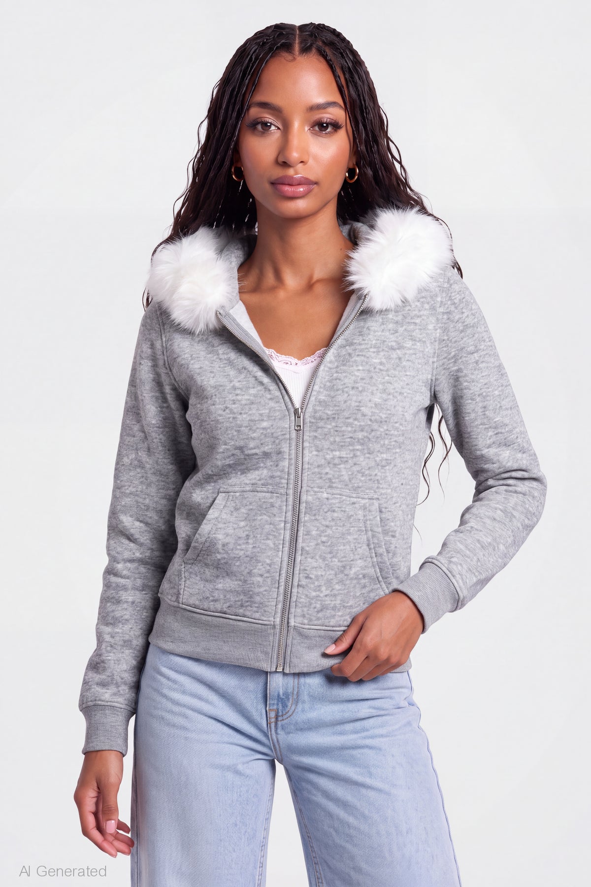 Oversized Faux Fur Trim Zip Hoodie - Heather Grey