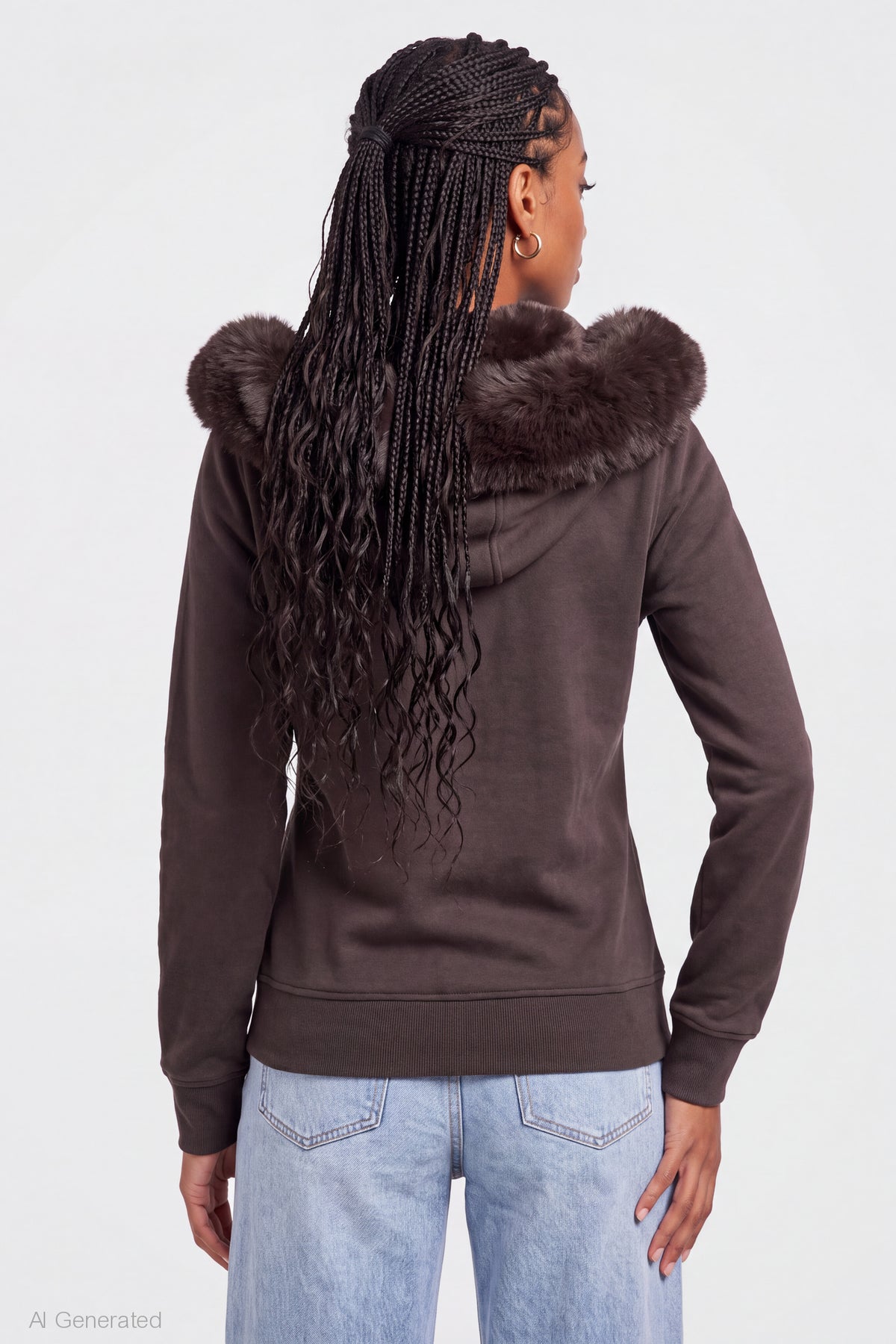 Alt View 2. Oversized Faux Fur Trim Zip Hoodie - Brown