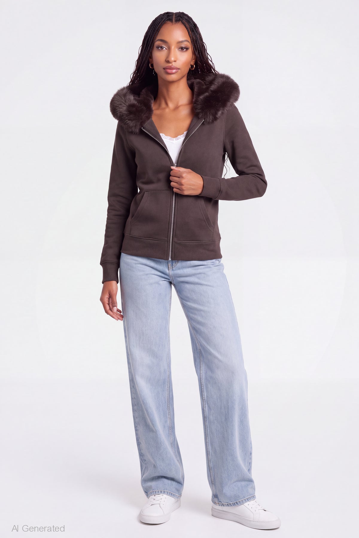 Alt View 3. Oversized Faux Fur Trim Zip Hoodie - Brown