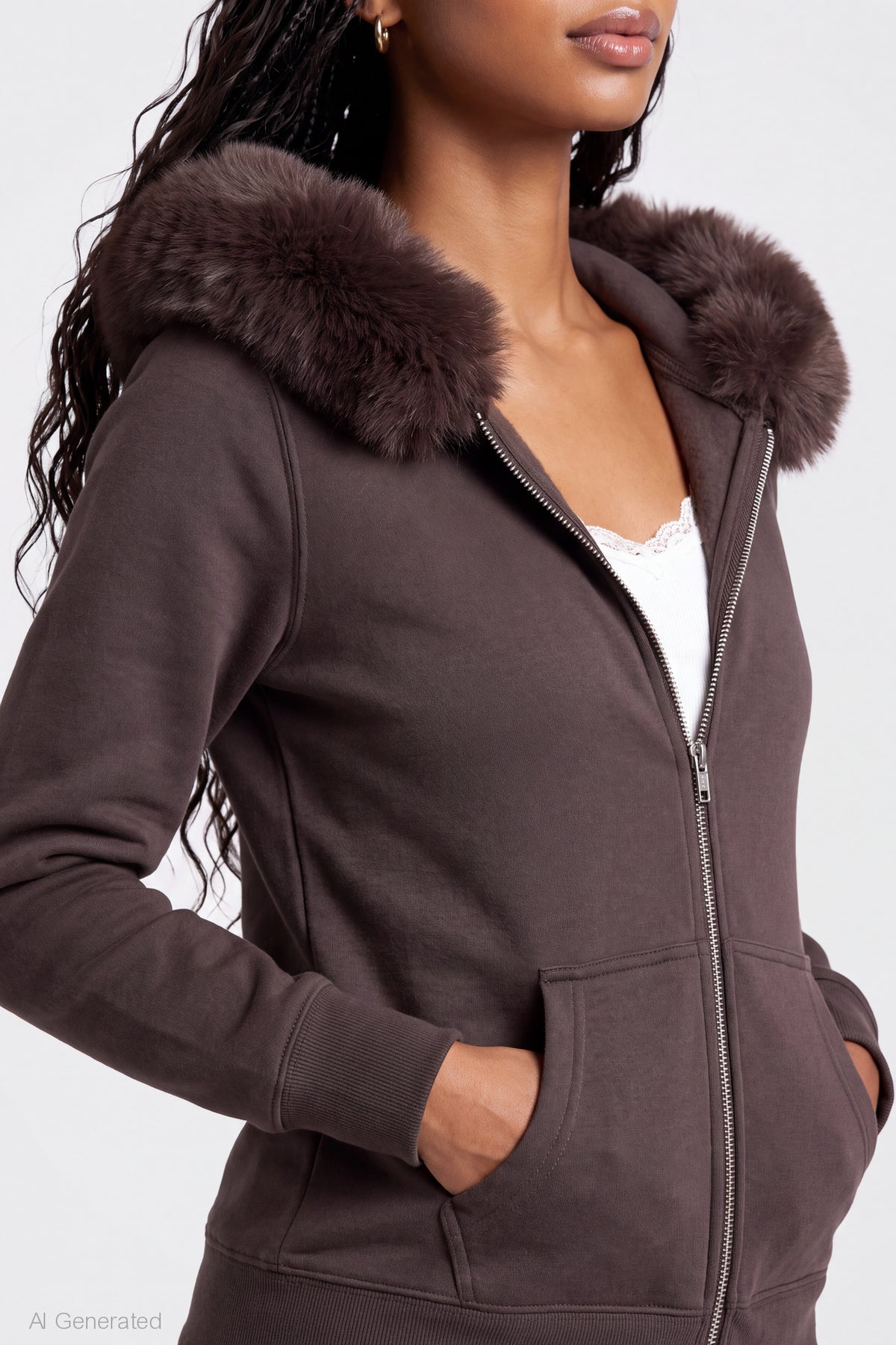 Alt View 4. Oversized Faux Fur Trim Zip Hoodie - Brown