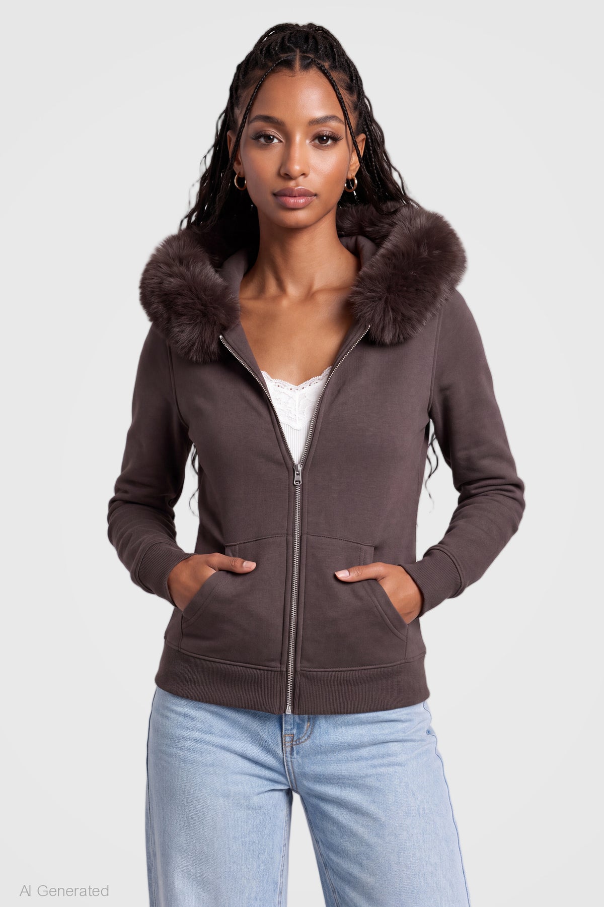 Oversized Faux Fur Trim Zip Hoodie - Brown