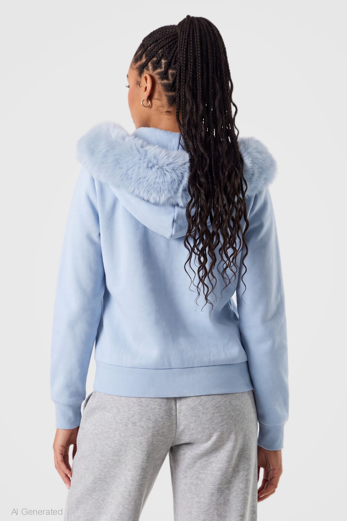 Alt View 2. Oversized Faux Fur Trim Zip Hoodie - Light Blue