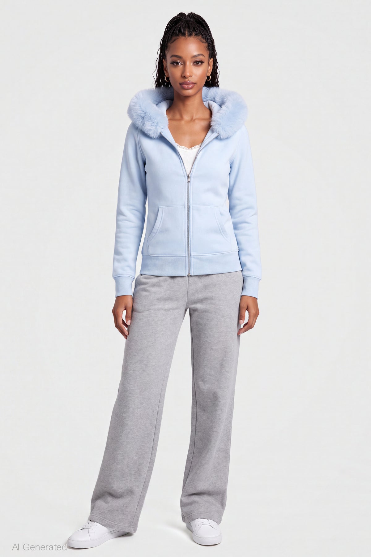 Alt View 3. Oversized Faux Fur Trim Zip Hoodie - Light Blue