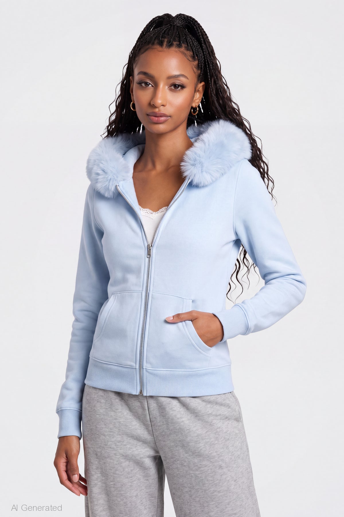 Oversized Faux Fur Trim Zip Hoodie - Light Blue