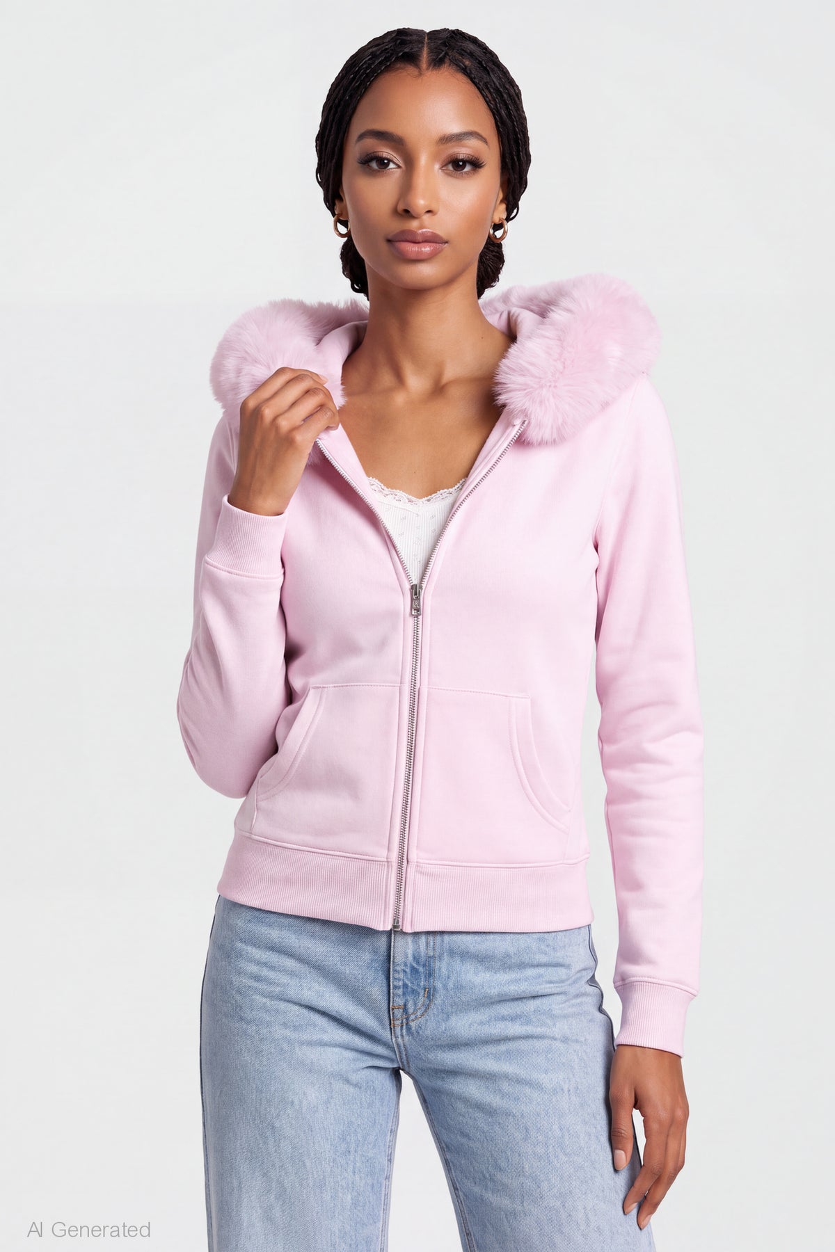 Oversized Faux Fur Trim Zip Hoodie - Light Pink