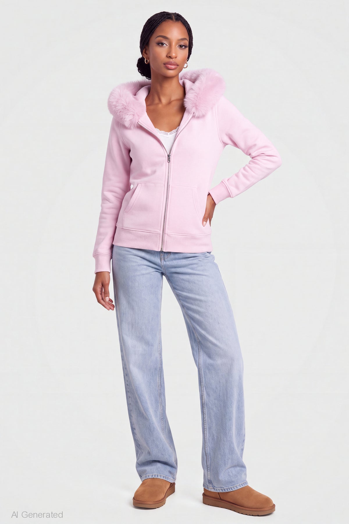 Alt View 3. Oversized Faux Fur Trim Zip Hoodie - Light Pink