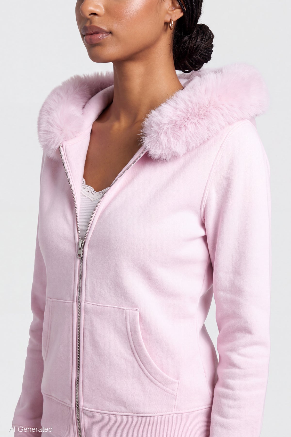 Alt View 4. Oversized Faux Fur Trim Zip Hoodie - Light Pink
