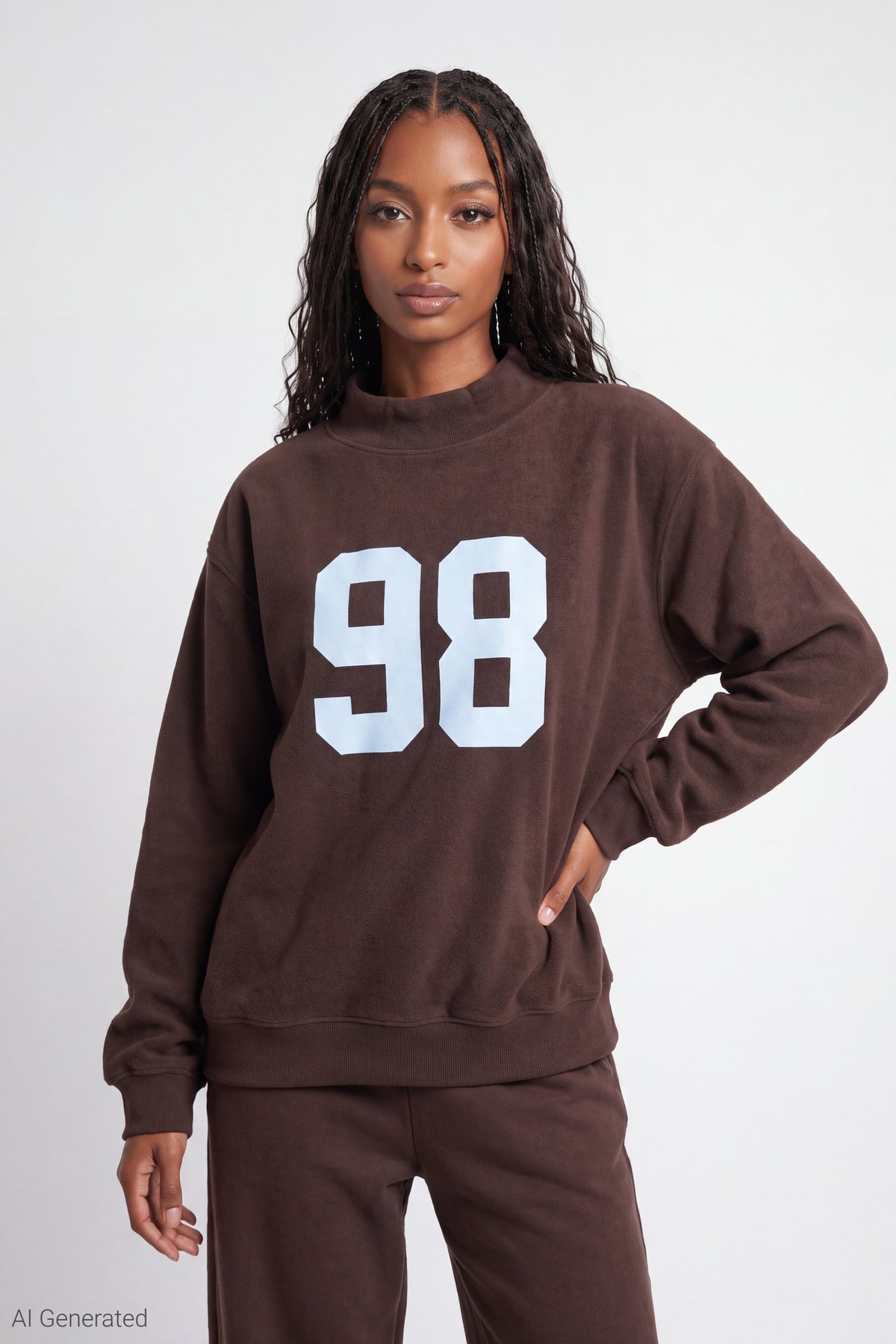 Fleece Graphic Mock Neck Sweatshirt - Brown